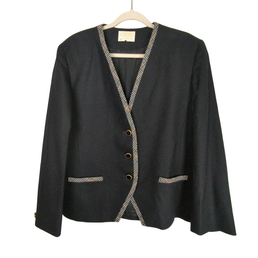 Vintage Pendleton Blazer Womens 16 Black Wool Houndstooth Trim